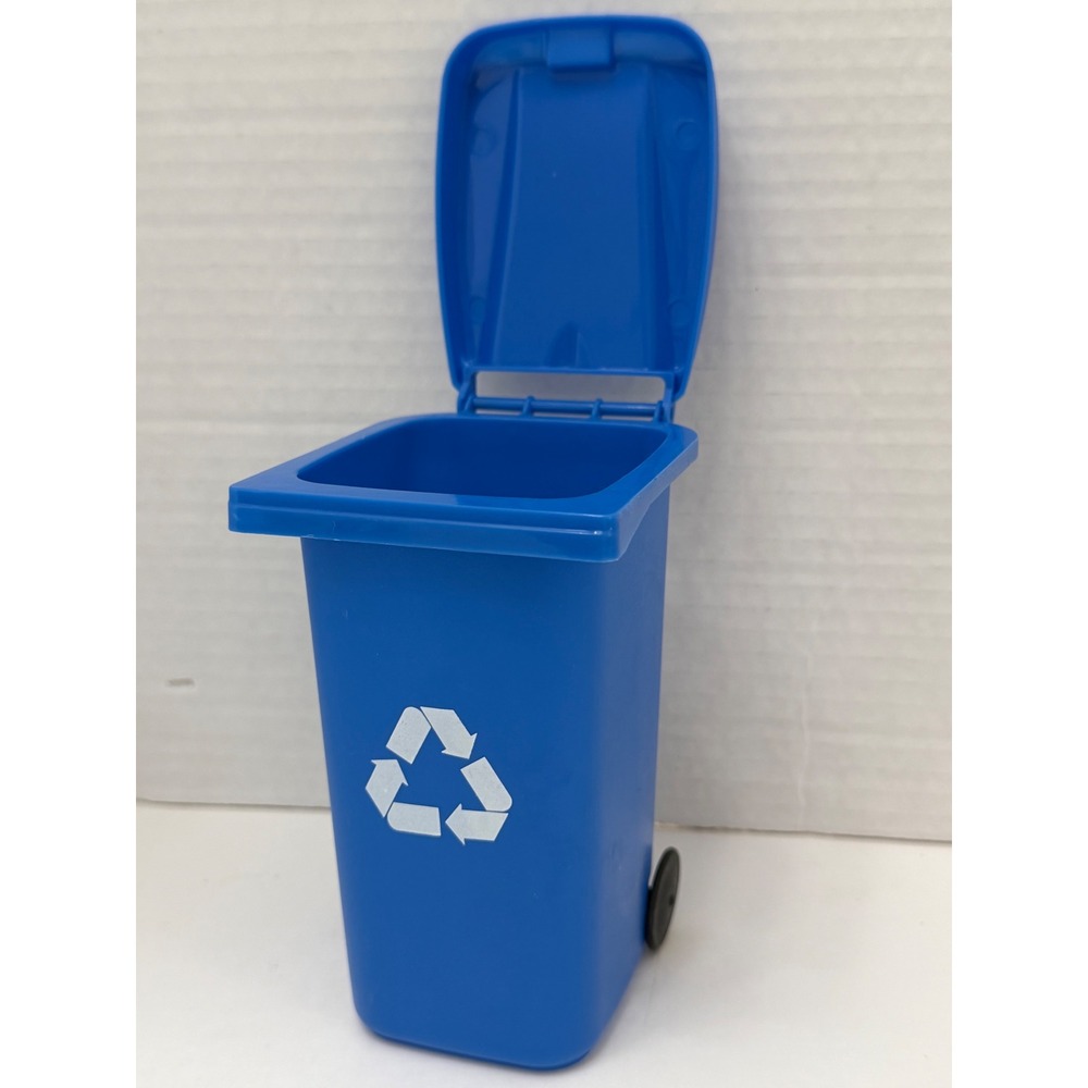 Mini Blue Recycling Bin Desk‎ Organizer with Hinged Lid and Rolling Wheels